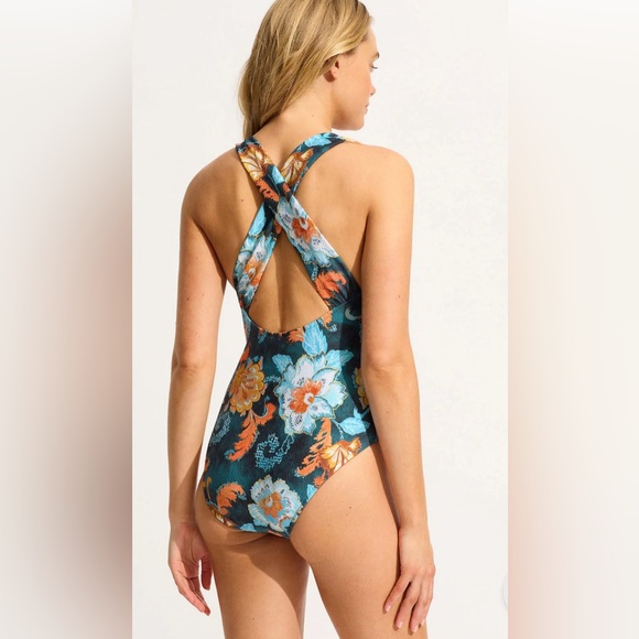 SEAFOLLY - Spring Festival Cross Back One Piece - True Navy Orange Floral US 6 - Picture 2 of 10